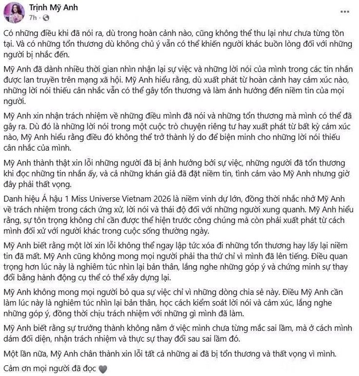 Bài đăng xin lỗi trên Facebook Á hậu Trịnh Mỹ Anh