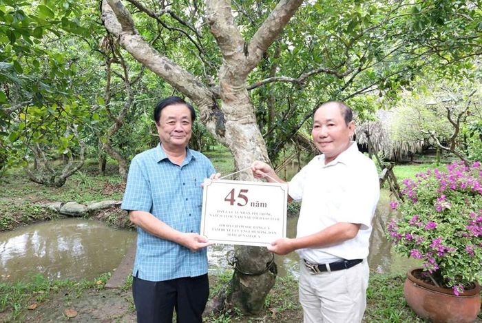 Nguyên Phó Chủ tịch Quốc hội Lê Minh Hoan thiết kế câu chuyện về cây nhãn 45 năm tuổi tặng cho ông Huỳnh Nhất Trí, chủ vườn nhãn ở xã Long Hồ, tỉnh Vĩnh Long
