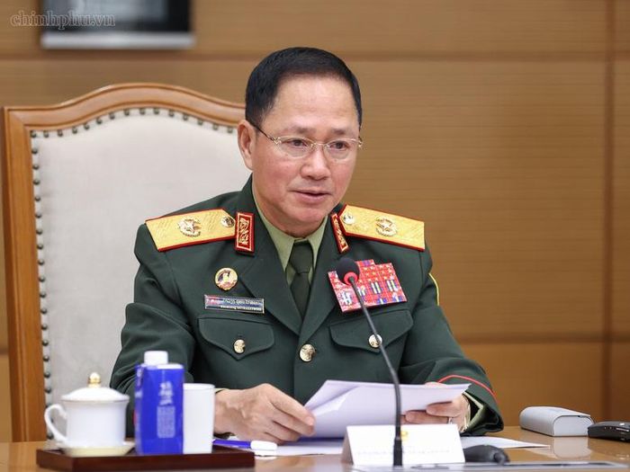 Đại tướng Khamlieng Outhakaisone đánh giá quan hệ Việt Nam - Lào ngày càng phát triển sâu sắc, hiệu quả, trong đó hợp tác quốc phòng tiếp tục là trụ cột quan trọng - Ảnh: chinhphu.vn/Nhật Bắc