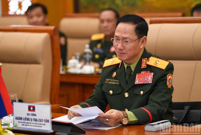 Đại tướng Khamliang Outhakaysone tại hội đàm. (Ảnh: THẾ ĐẠI)