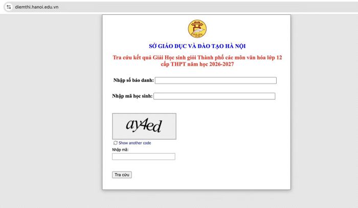 Giao diện trang tra cứu kết quả giải học sinh giỏi thành phố