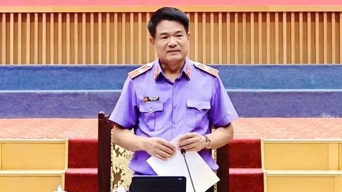 Viện trưởng Viện Kiểm sát nhân dân tối cao Nguyễn Huy Tiến phát biểu tại buổi lễ. (Ảnh: CAO NGUYÊN)