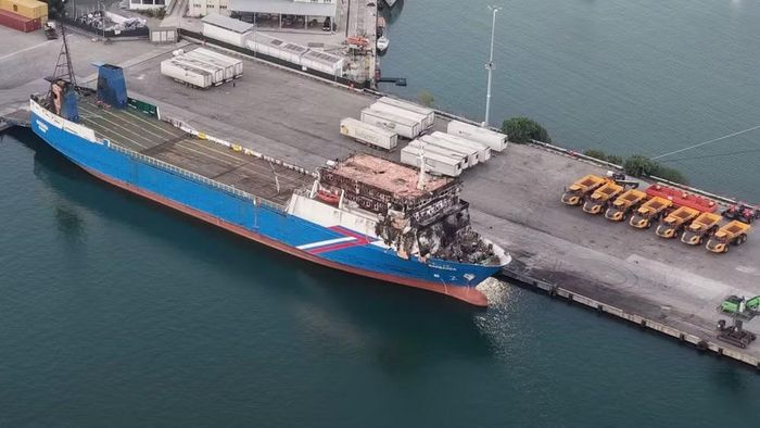 Con tàu có tên Nadezhda về tới cảng Samsun, Thổ Nhĩ Kỳ ngày 8/8/2026, sau khi bị tấn công tại khu vực Biển Đen. (Ảnh: THX/TTXVN)