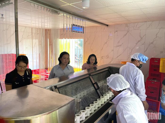 Cán bộ khuyến công kiểm tra thiết bị máy móc được hỗ trợ từ nguồn kinh phí khuyến công quốc gia tại Hãng sản xuất nước mắm truyền thống Phú Quốc - Hùng Khoa, tỉnh An Giang.