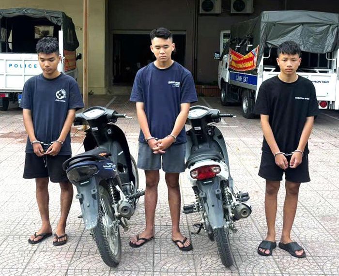 Từ trên xuống, các đối tượng: N.D.H, U.N.T, Lê Văn Học; Nguyễn Chí Nhật và Nguyễn Cảnh Huy, Hoàng Văn Phú, Hoàng Văn Trường Vũ bị cơ quan Công an bắt giữ cùng số xe mô-tô tang vật trộm cắp.