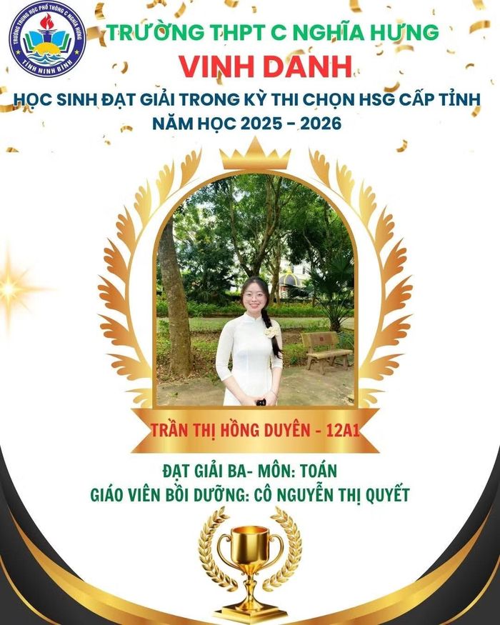 Hồng Duyên được vinh danh đoạt giải Ba môn Toán tại kỳ thi chọn học sinh giỏi cấp Tỉnh. năm học 2025 - 2026.