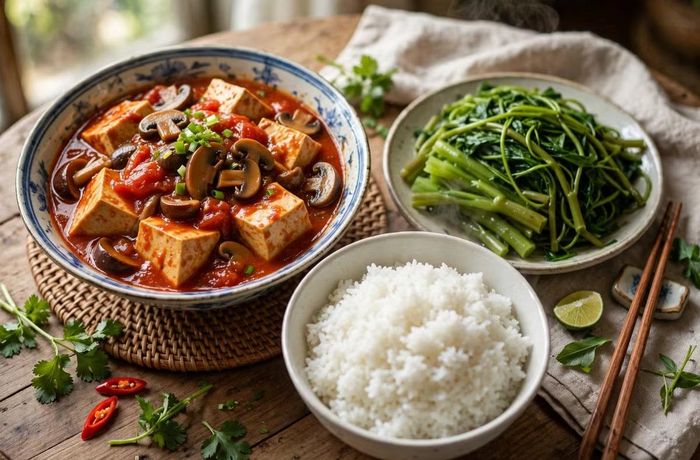 Món đậu phụ sốt cà chua nấm ăn cùng cơm nóng, rau luộc. Ảnh: @Meta AI.
