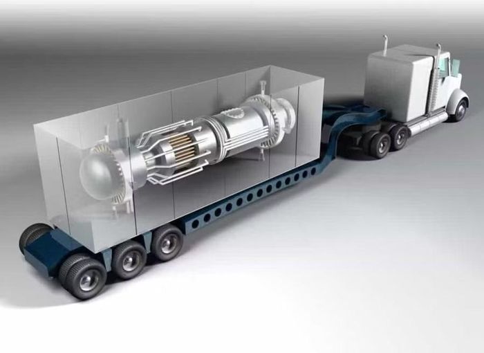 Hình ảnh minh họa khái niệm lò phản ứng hạt nhân siêu nhỏ di động Project Pele trong quá trình vận chuyển.