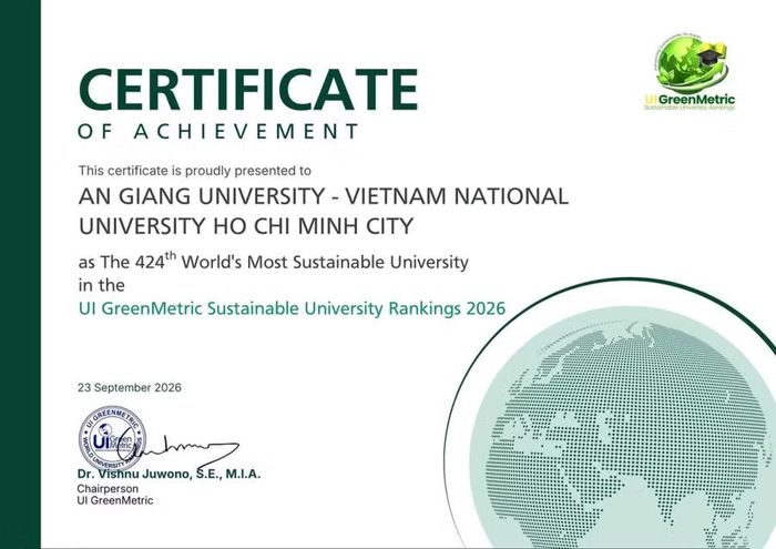 Trường Đại học An Giang xếp thứ 424/2.016 cơ sở Giáo dục Đại học trên thế giới theo bảng xếp hạng UI GreenMetric Sustainable University Rankings 2026, tăng 36 bậc so với năm 2025.
