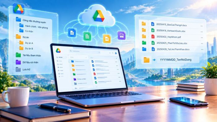 Mô hình tổ chức các thư mục lưu trữ số trên Google Drive theo cấu trúc phân tầng khoa học và quy tắc đặt tên tệp thống nhất theo định dạng năm tháng ngày, bảo đảm việc tra cứu dữ liệu nhanh chóng và an toàn. Đồ họa: Thái Bình