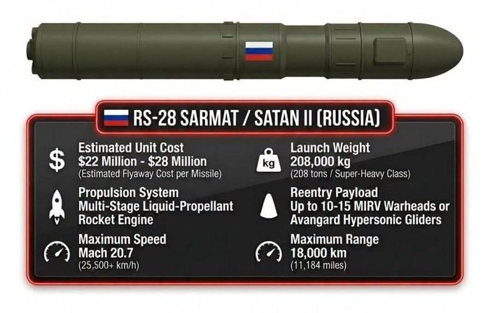 Tên lửa RS-28 Sarmat tốc độ Mach 20+, tầm bắn 18.000km. Ảnh: Defence Learning