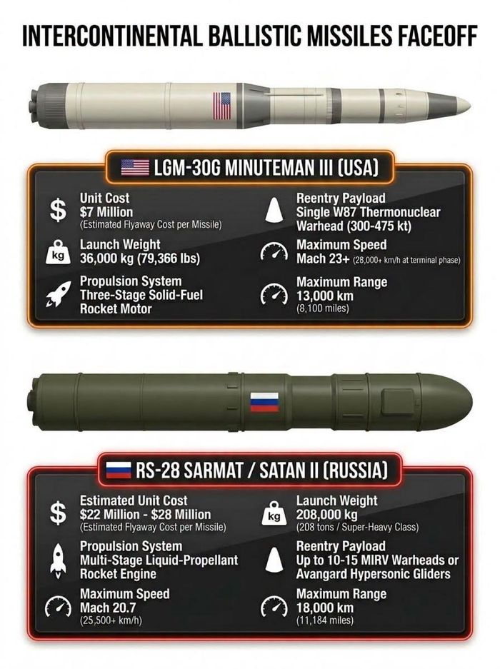 Tên lửa LGM-30G Minuteman III tốc độ Mach 23, tầm bắn 13.000km và tên lửa RS-28 Sarmat tốc độ Mach 20+, tầm bắn 18.000km. Ảnh: Defence Learning