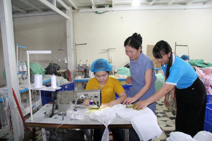 Hoạt động sản xuất và kiểm tra chất lượng may mặc tại Công ty TNHH Dệt may xuất khẩu Hồng Nhật (xã Tiên La, tỉnh Hưng Yên).