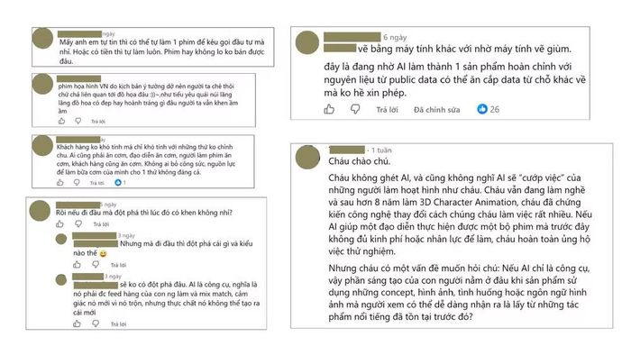 Một số phản hồi của cộng đồng mạng xung quanh việc ứng dụng AI làm phim hoạt hình chiếu rạp, gây chú ý thời gian qua. (Ảnh chụp màn hình)