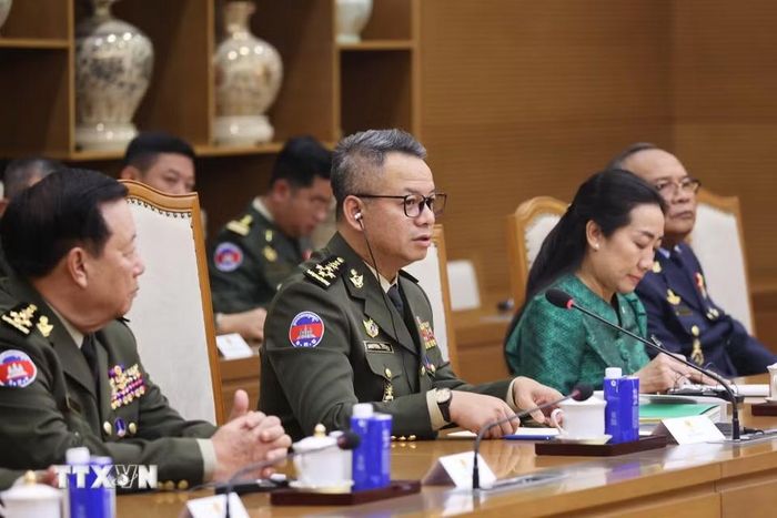 Đại tướng Tea Seiha, Phó Thủ tướng, Bộ trưởng Bộ Quốc phòng Campuchia, phát biểu. (Ảnh: Lâm Khánh/TTXVN)