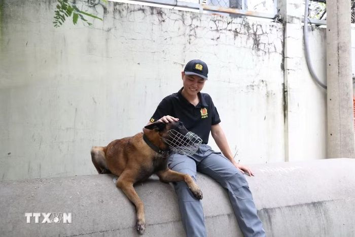 Phút nghỉ ngơi, “trò chuyện” của chó nghiệp vụ Rich với cán bộ huấn luyện Thiếu úy Lê Tấn Thông. (Ảnh: Hồng Đạt/TTXVN)
