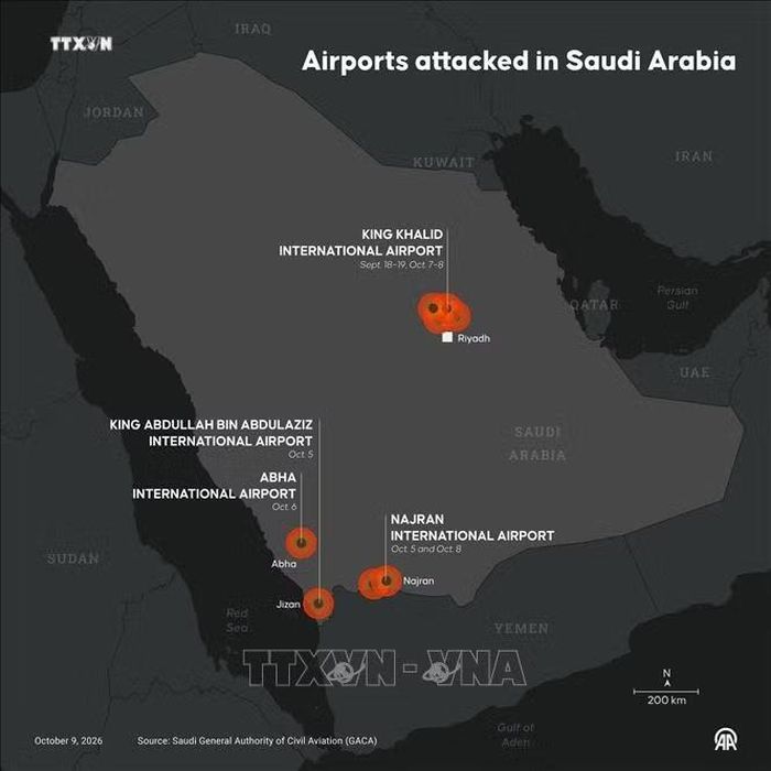 Đồ họa thông tin về các sân bay tại Saudi Arabia bị tấn công, được thực hiện tại Ankara, Thổ Nhĩ Kỳ ngày 9/10/2026. Ảnh: AA/TTXVN phát