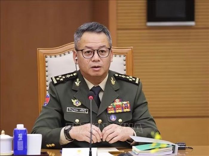Đại tướng Tea Seiha, Phó Thủ tướng, Bộ trưởng Bộ Quốc phòng Campuchia phát biểu. Ảnh: Lâm Khánh/TTXVN