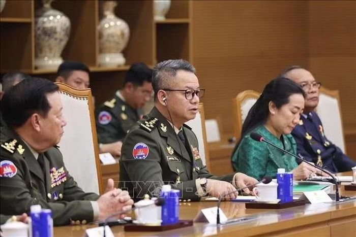 Đại tướng Tea Seiha, Phó Thủ tướng, Bộ trưởng Bộ Quốc phòng Campuchia phát biểu. Ảnh: Lâm Khánh/TTXVN