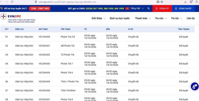 Lịch tạm ngừng cung cấp điện Đà Nẵng ngày mai 14/10 cập nhật trên website của Điện lực miền Trung lúc 14h30 ngày 13/10. Ảnh: BNEWS