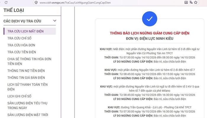 Lịch ngừng cấp điện tại Cần Thơ ngày mai 14/10 được cập nhật trên website của EVNSPC lúc 14h45 phút ngày 13/10. Ảnh: BNEWS phát