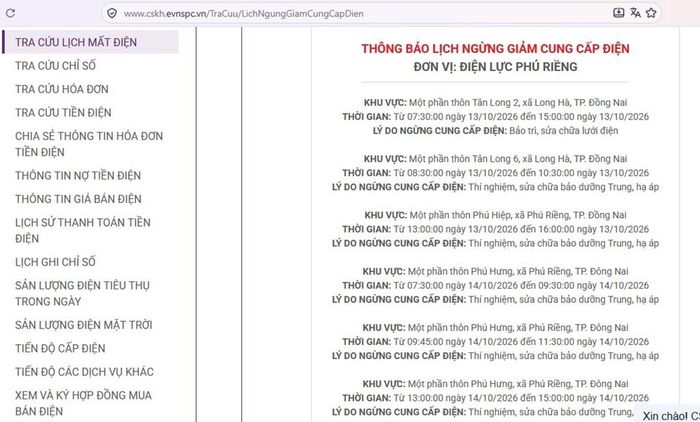 Lịch ngừng cấp điện tại Đồng Nai ngày mai 14/10 được cập nhật trên website của EVNSPC lúc 15h30 ngày 13/10. Ảnh: BNEWS phát