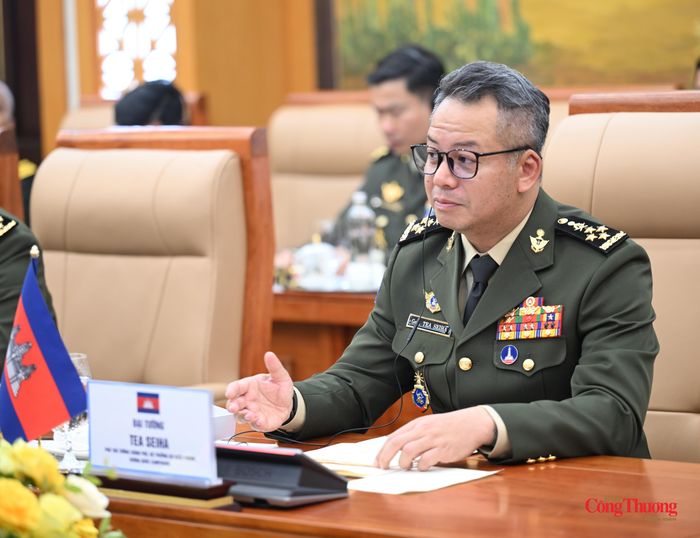 Đại tướng Tea Seiha, Phó Thủ tướng Chính phủ, Bộ trưởng Bộ Quốc phòng Campuchia phát biểu tại hội đàm.