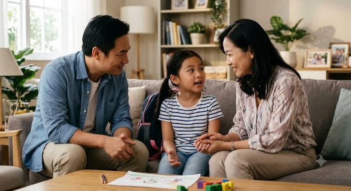 Dành thời gian lắng nghe và chia sẻ chân thành cùng con trẻ là chìa khóa giúp cha mẹ thu hẹp khoảng cách thế hệ và thấu hiểu những tâm tư của con. (Ảnh minh họa, tạo bởi AI)