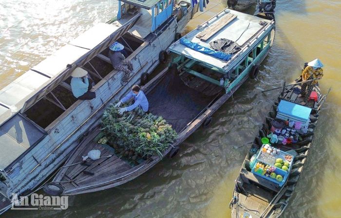 Ghe thuyền neo đậu, buôn bán tại chợ nổi Long Xuyên.