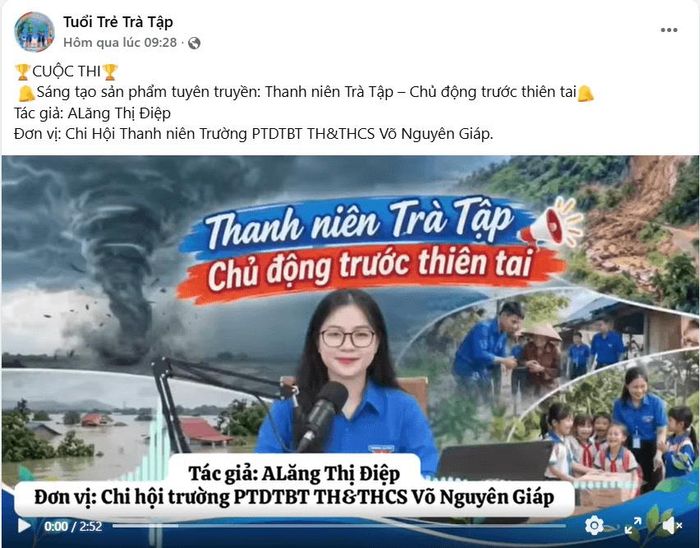 Sản phẩm tuyên truyền phòng, chống thiên tai của thanh niên xã Trà Tập được đăng tải rộng rãi trên các kênh. Ảnh: Đoàn xã Trà Tập