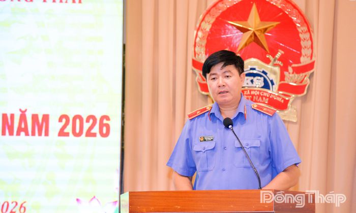 Đồng chí Phạm Thanh Từng, Viện trưởng VKSND tỉnh Đồng Tháp phát biểu tại hội nghị.