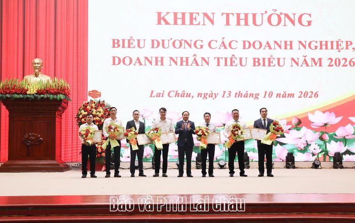 Bí thư Tỉnh uỷ Lê Minh Ngân trao Bằng khen của Chủ tịch UBND tỉnh cho các tập thể doanh nghiệp. 