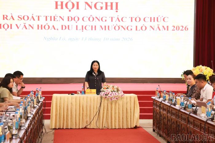 Đồng chí Vũ Thị Hiền Hạnh - Phó Chủ tịch Ủy ban nhân dân tỉnh, Trưởng Ban Tổ chức lễ hội phát biểu chỉ đạo tại hội nghị.