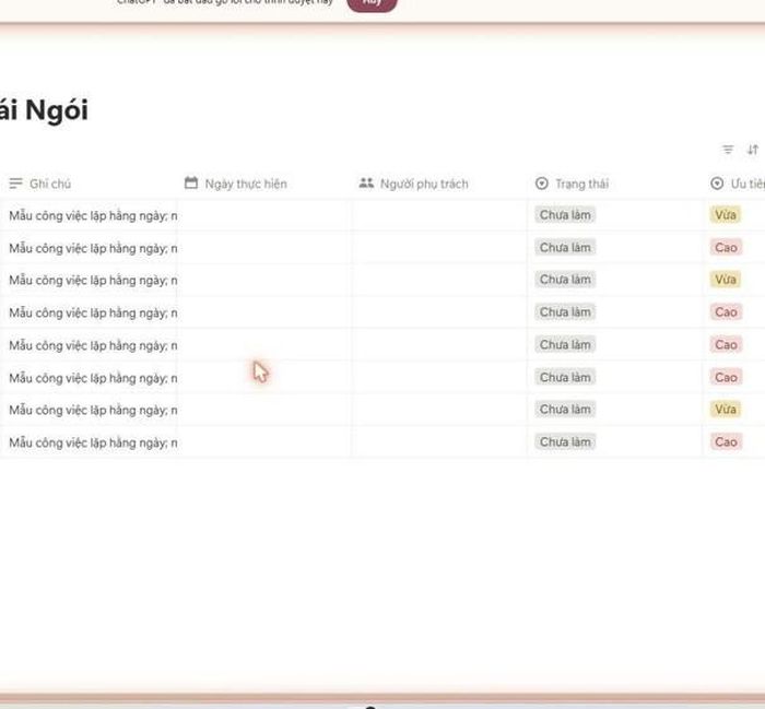 Trang Notion và database công việc lễ tân do ChatGPT tạo