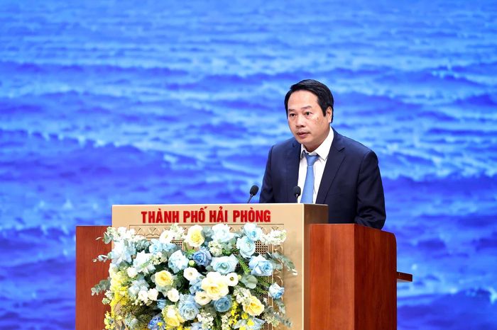 Giám đốc Sở Tài chính Hải Phòng Nguyễn Ngọc Tú báo cáo tại hội nghị. (Ảnh Cổng thông tin điện tử thành phố cung cấp)