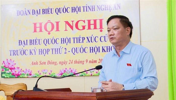 Trưởng Đoàn ĐBQH tỉnh Nguyễn Khắc Thận phát biểu tại Hội nghị tiếp xúc cử tri xã Anh Sơn Đông. Ảnh: Cảnh Dương