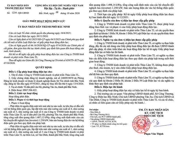 Giấy phép hoạt động điện lực số 1234/QĐ-UBND do Phó Chủ tịch UBND thành phố Bắc Ninh Phạm Văn Thịnh ký ngày 08/10/2026.