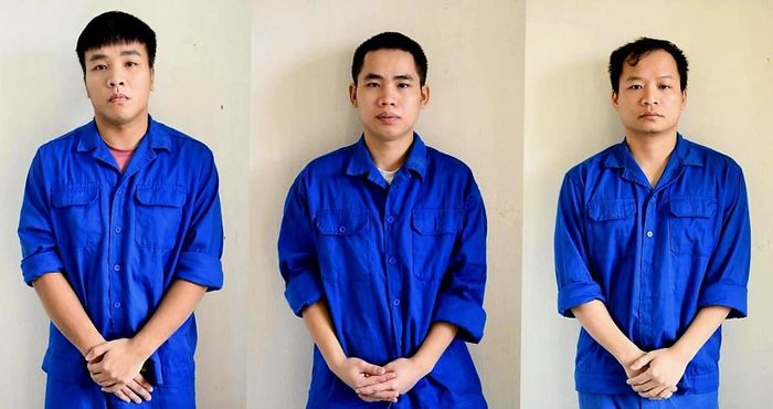 Từ trái qua, các đối tượng: Vũ Tùng Linh, Nguyễn Văn Nam, Lê Đức Hùng tại cơ quan điều tra (Ảnh: Công an Phú Thọ)