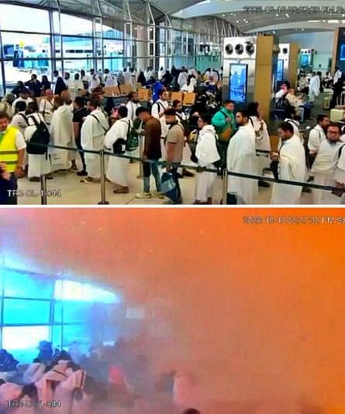 Trước và sau vụ tấn công, khi hành khách xếp hàng chờ lên máy bay tại sân bay quốc tế King Khalid ngày 10/10. Ảnh: Saudi Ministry of Media/Reuters