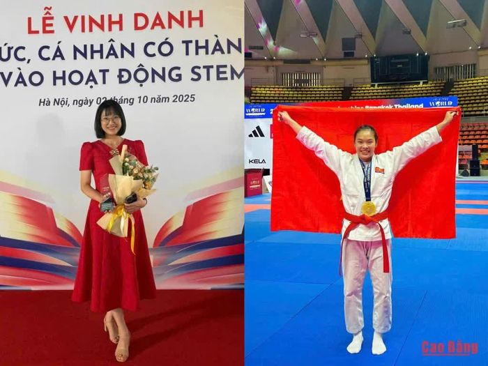 Cô giáo Đỗ Thị Hương Trà (bên trái) và vận động viên Phụng Mùi Nhình (bên phải) vinh dự được nhận Giải thưởng Phụ nữ Việt Nam năm 2026.