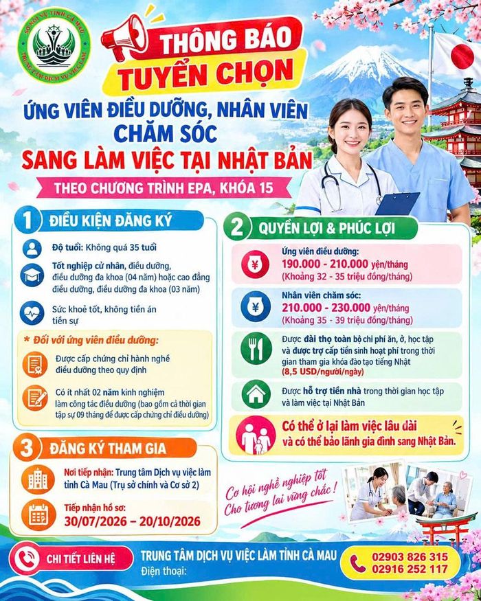 Thông báo tuyển chọn ứng viên điều dưỡng, nhân viên chăm sóc sang làm việc tại Nhật Bản theo Chương trình EPA (khoá 15) của Trung tâm Dịch vụ việc làm tỉnh Cà Mau.