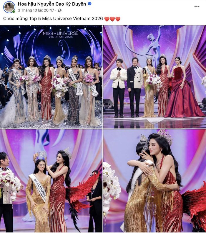 Hoa hậu Kỳ Duyên đăng bài chúc mừng Top 5 Miss Universe Vietnam 2026 sau khi cuộc thi kết thúc.