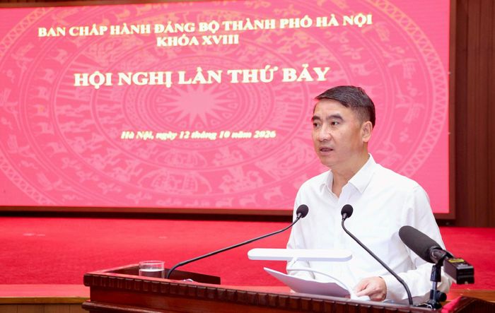 Phó Chủ tịch UBND thành phố Hà Nội Nguyễn Xuân Lưu trình bày báo cáo. Ảnh: Quang Thái