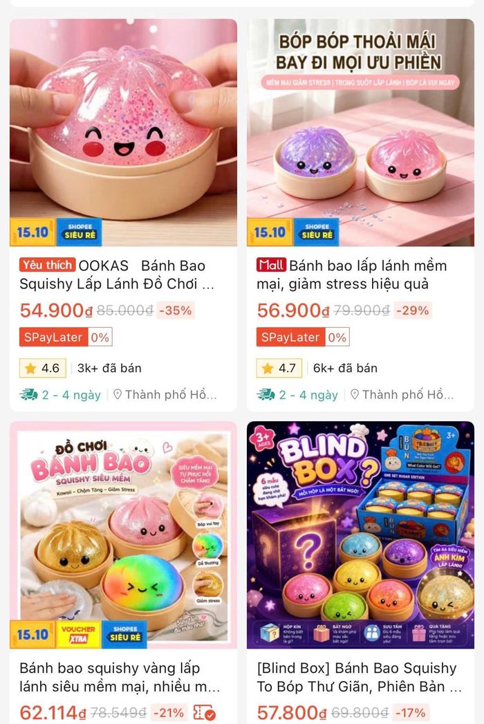 Đồ chơi bánh bao bóp mềm được giới thiệu trên sàn thương mại điện tử Shopee. Ảnh chụp màn hình