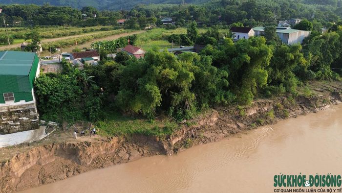 Sạt lở bờ sông Lam đe dọa nhà cửa, đất vườn của người dân ở xã Con Cuông. Ảnh: Song Hoàng