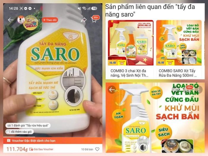Tẩy đa năng SARO đang được bán trên sàn thương mại điện tử Shopee. Ảnh chụp màn hình ngày 13/10.
