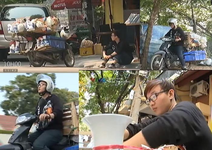 Hình ảnh Hoàng Dũng loay hoay với chiếc xe chất chồng đồ gốm được chia sẻ lại.