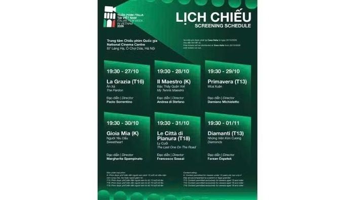 Lịch chiếu phim. (Ảnh: Italia Film Week in Vietnam)