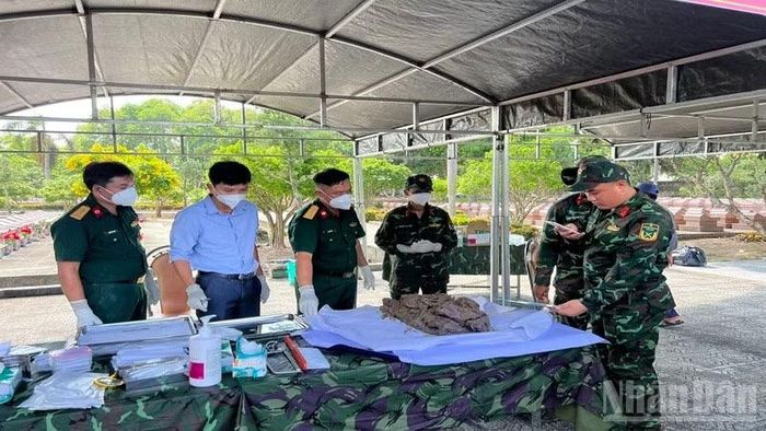Lấy mẫu hài cốt phục vụ giám định ADN tại Nghĩa trang Liệt sĩ tỉnh Vĩnh Long. (Ảnh: BÁ DŨNG)