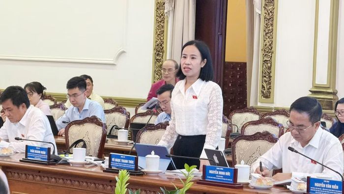 Phó Trưởng đoàn Đại biểu Quốc hội Thành phố Hồ Chí Minh Võ Ngọc Thanh Trúc phát biểu tại buổi làm việc. (Ảnh Xuân Mai)